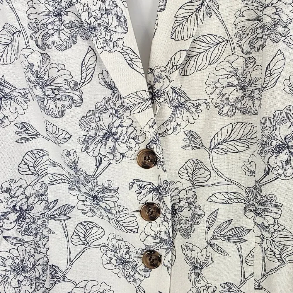 Cato Blazer XL White Gray Floral Linen Blend Lightweight Spring Office Chic